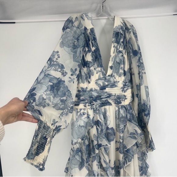 BHLDN Blue White Floral V Neck Long Sleeve Chiffon Formal Maxi Dress Gown Small - Picture 3 of 11